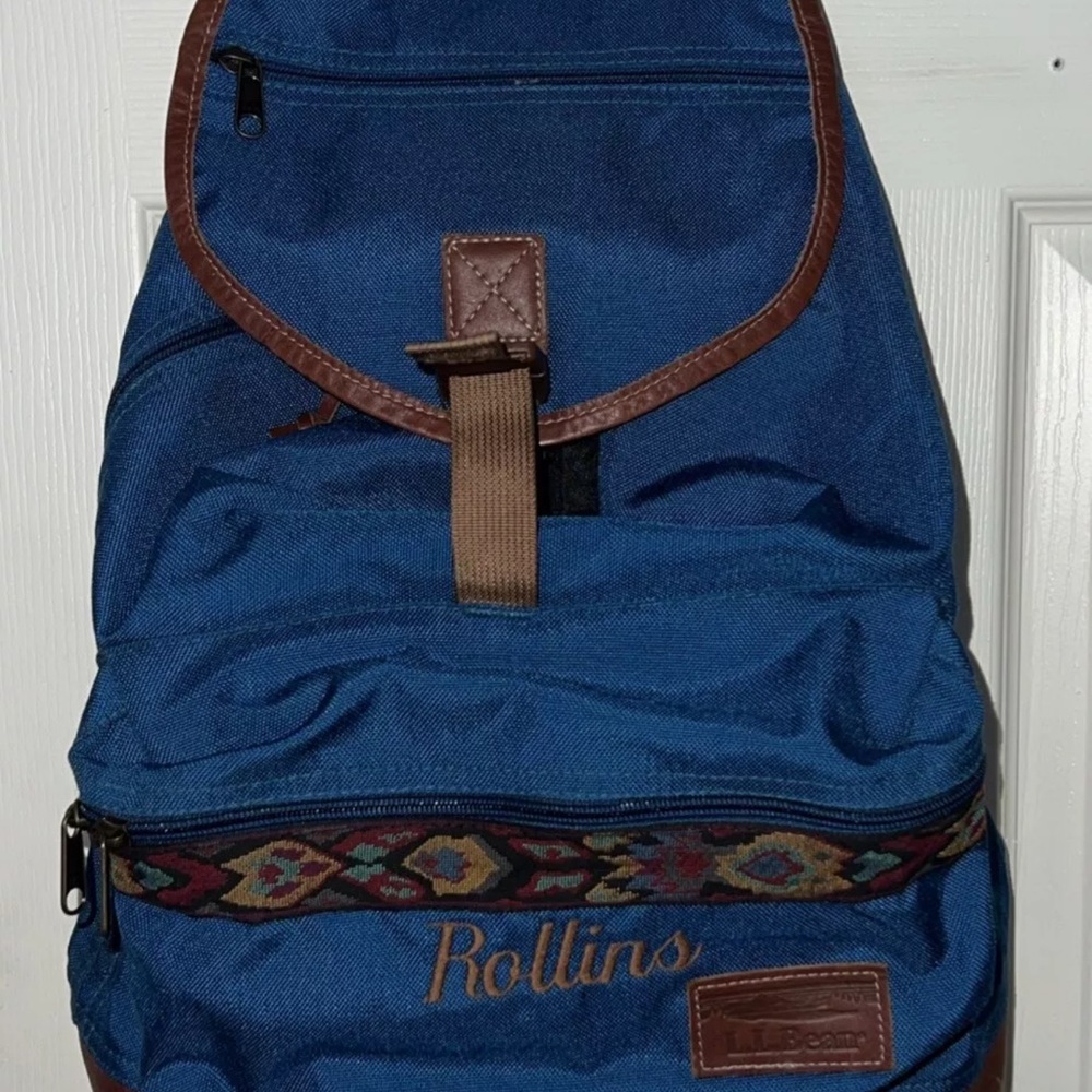 Vintage 90s LL Bean Backpack Blue Nylon Leather Bottom Aztec Knapsack USA